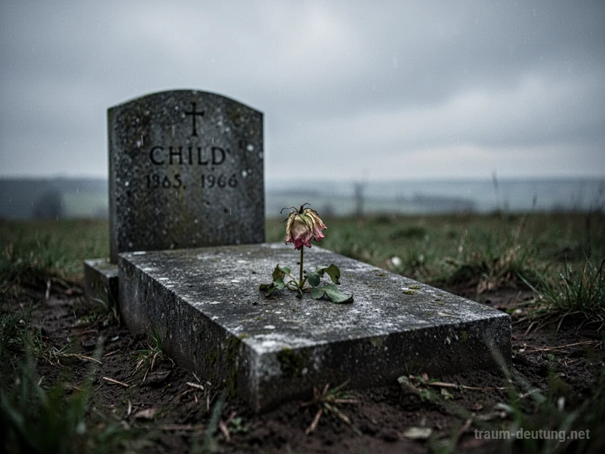 Ein einzelnes, leeres Kindergrab mit einer kleinen Blume unter einem grauen Himmel.