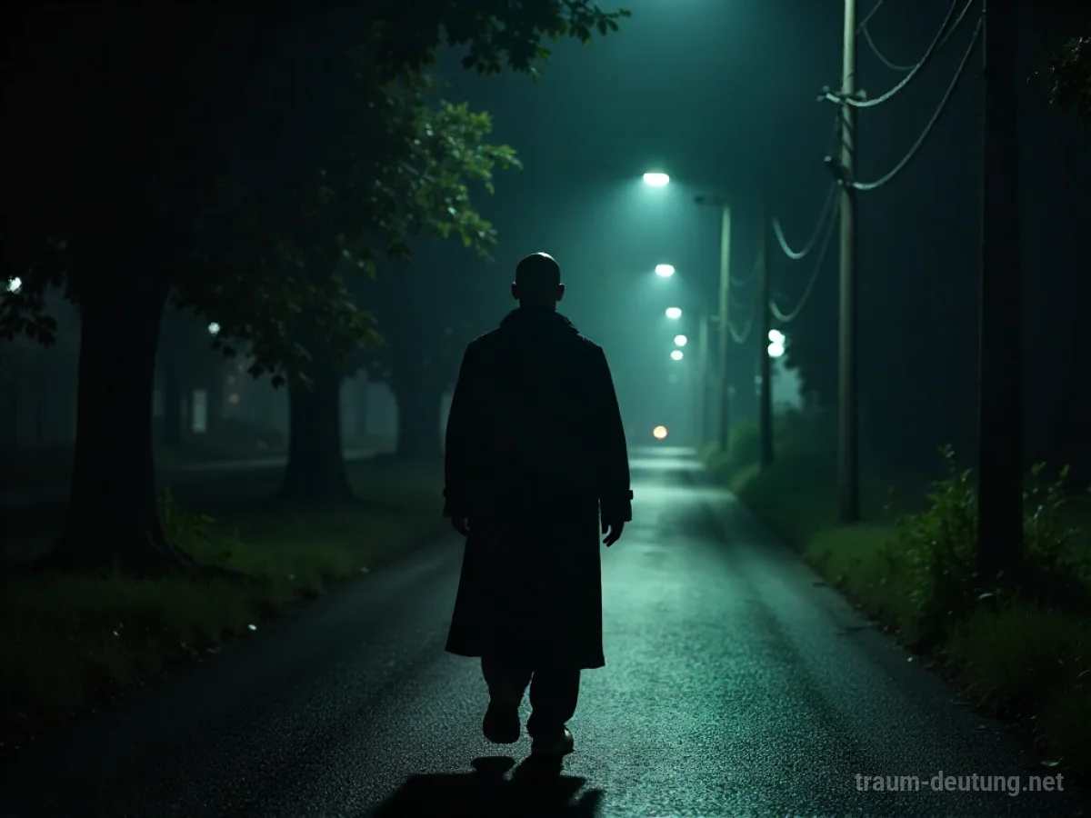 Ein Fremder mit Glatze geht allein auf einer dunklen Straße.