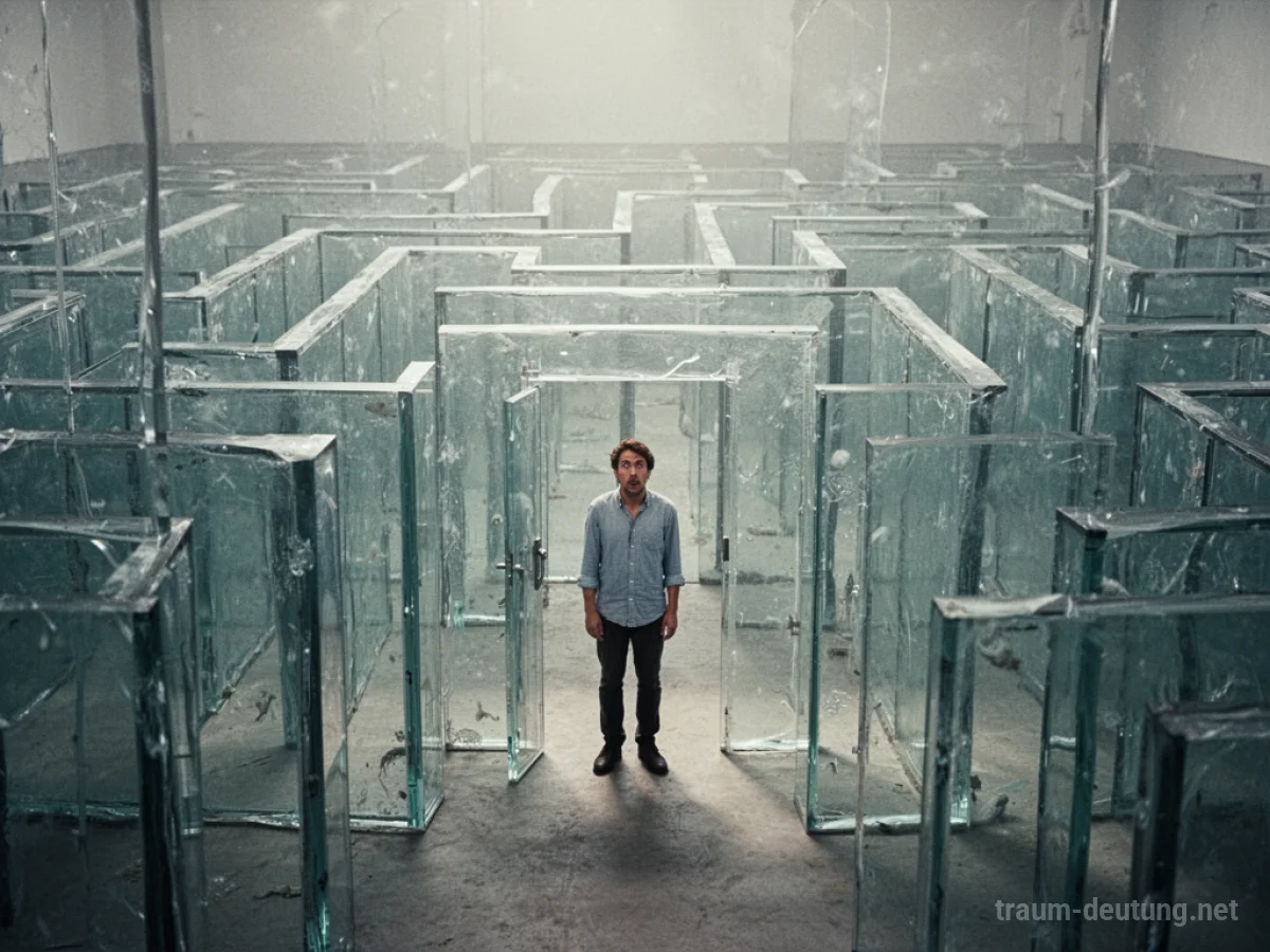 Ein transparentes Glaslabyrinth mit einer verwirrten Person am Eingang.