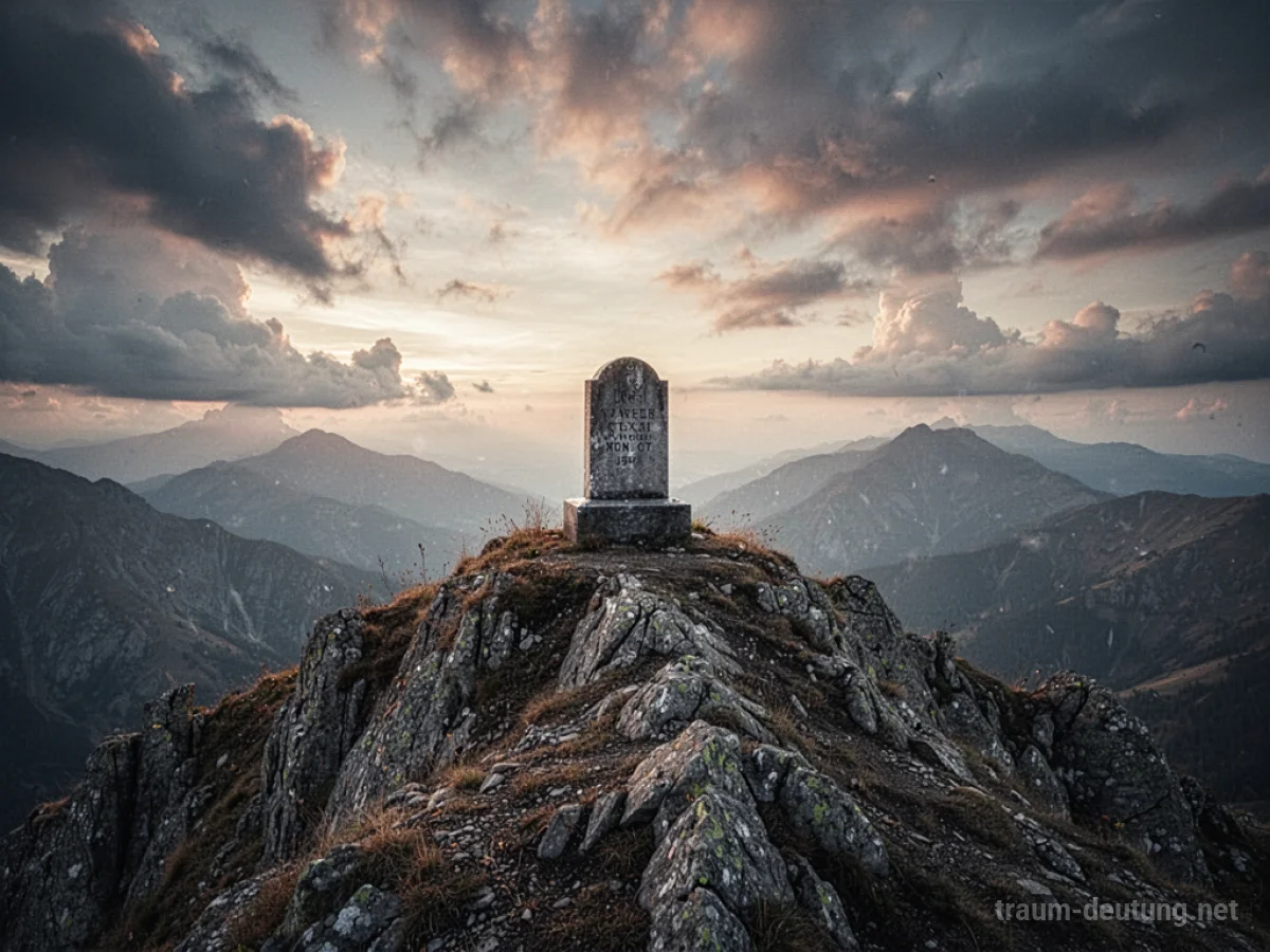 Grab auf einem Berg mit dramatischem Himmel