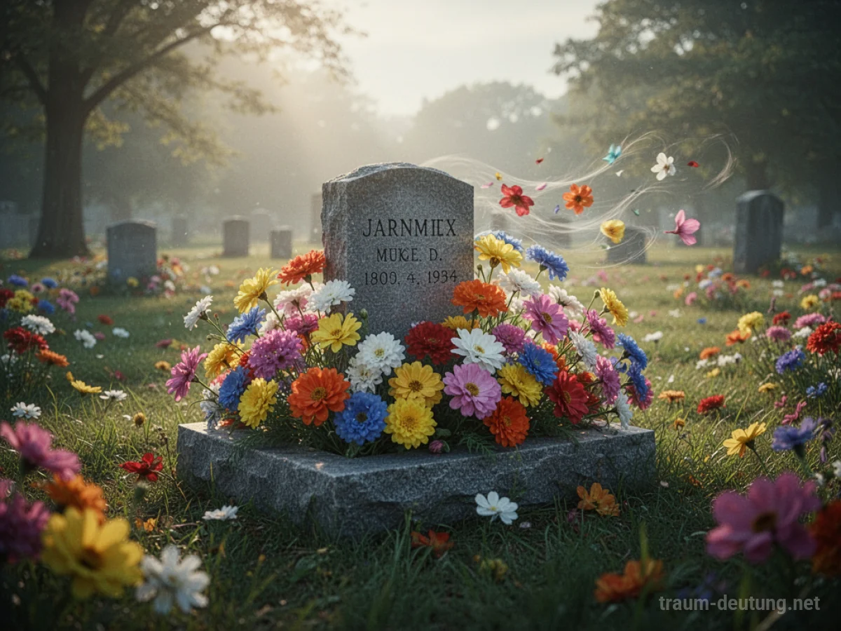 Ein Grab mit bunten Blumen im sanften Licht, das einen friedlichen Abschied symbolisiert.