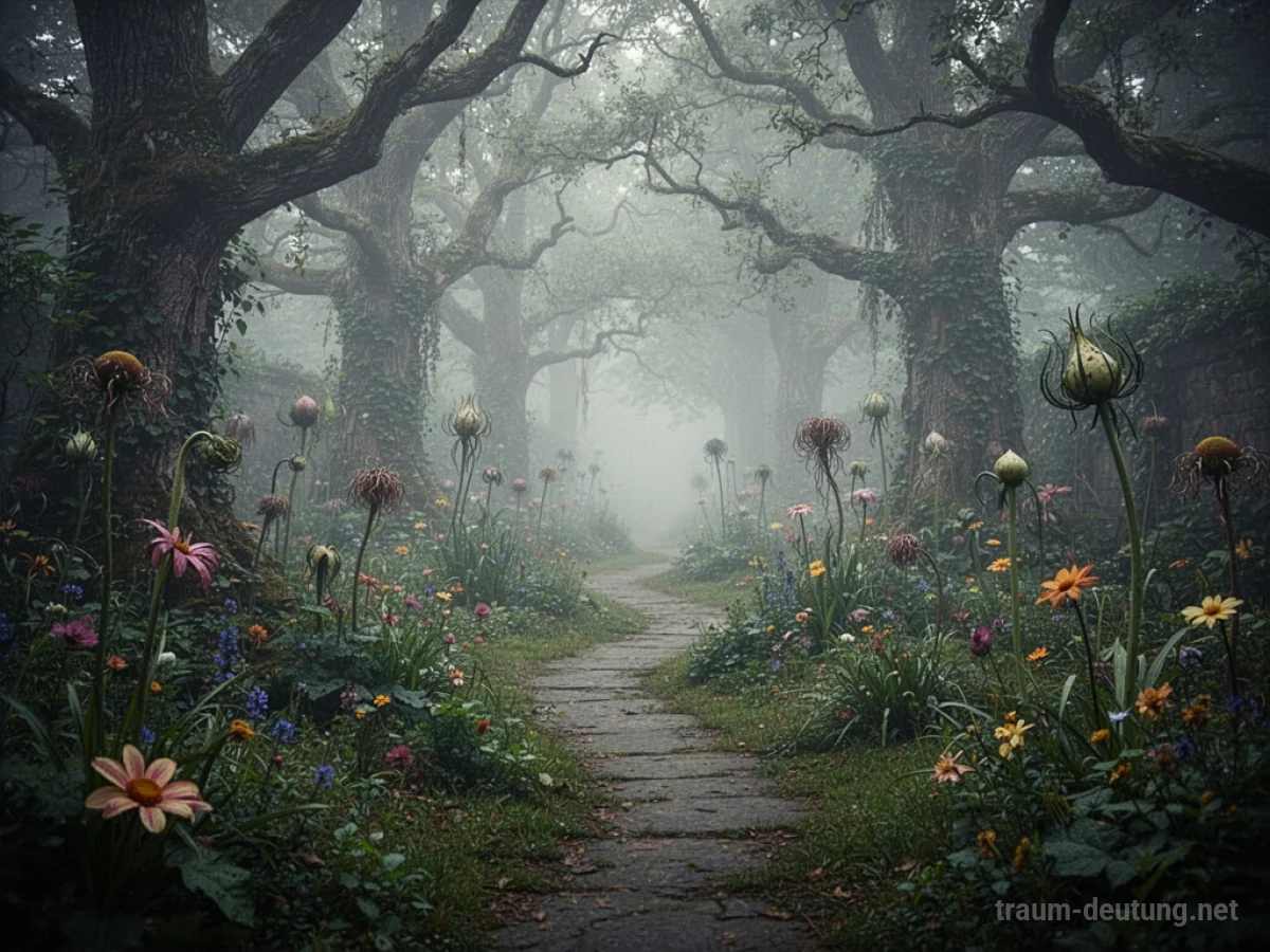 Verwunschener Garten mit verschlungenem Pfad im Nebel