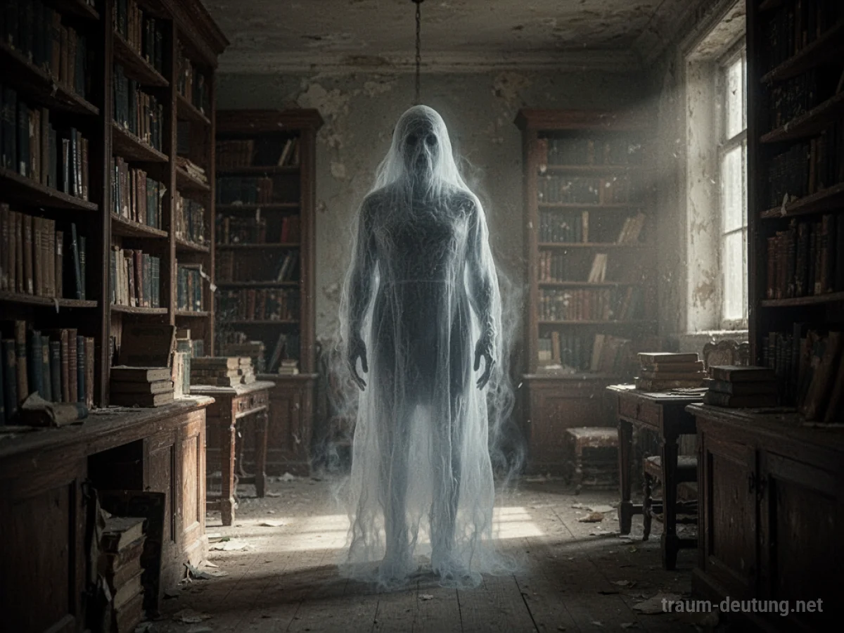 Ein schemenhaftes Gespenst steht still in einer dunklen Bibliothek.