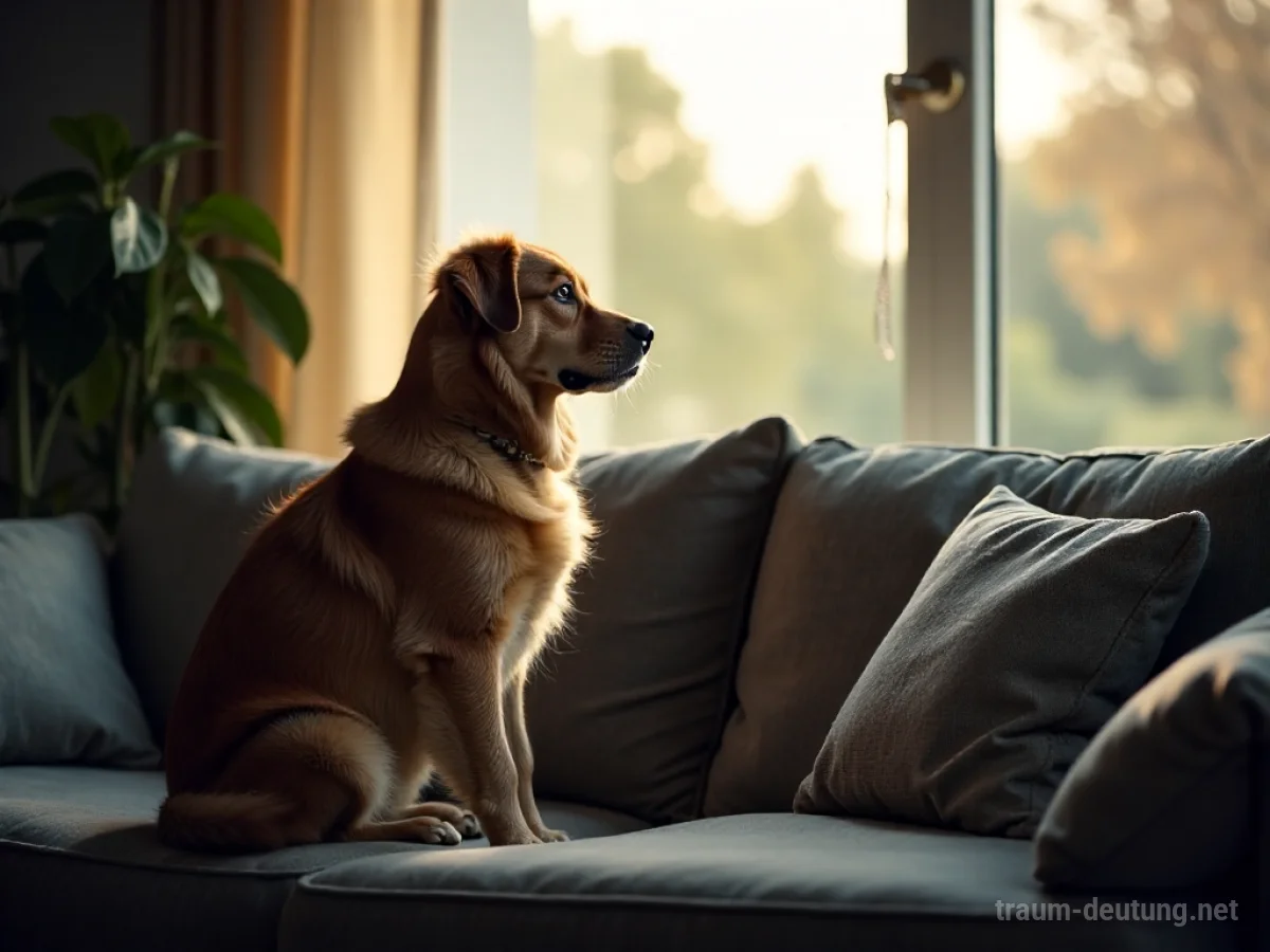 Ein Haustier sitzt ruhig auf einem Sofa in einem Wohnzimmer.