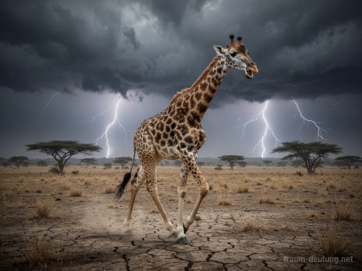 Giraffe steht ängstlich auf trockener Savanne unter drohendem Unwetter.
