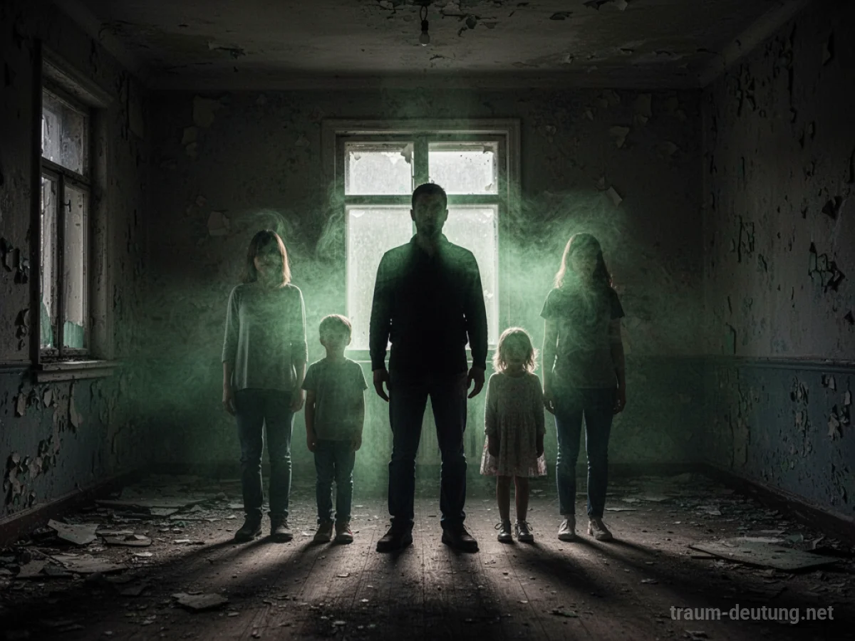 Silhouette einer Familie in einem dunklen Raum, umgeben von einem grünen Nebel.