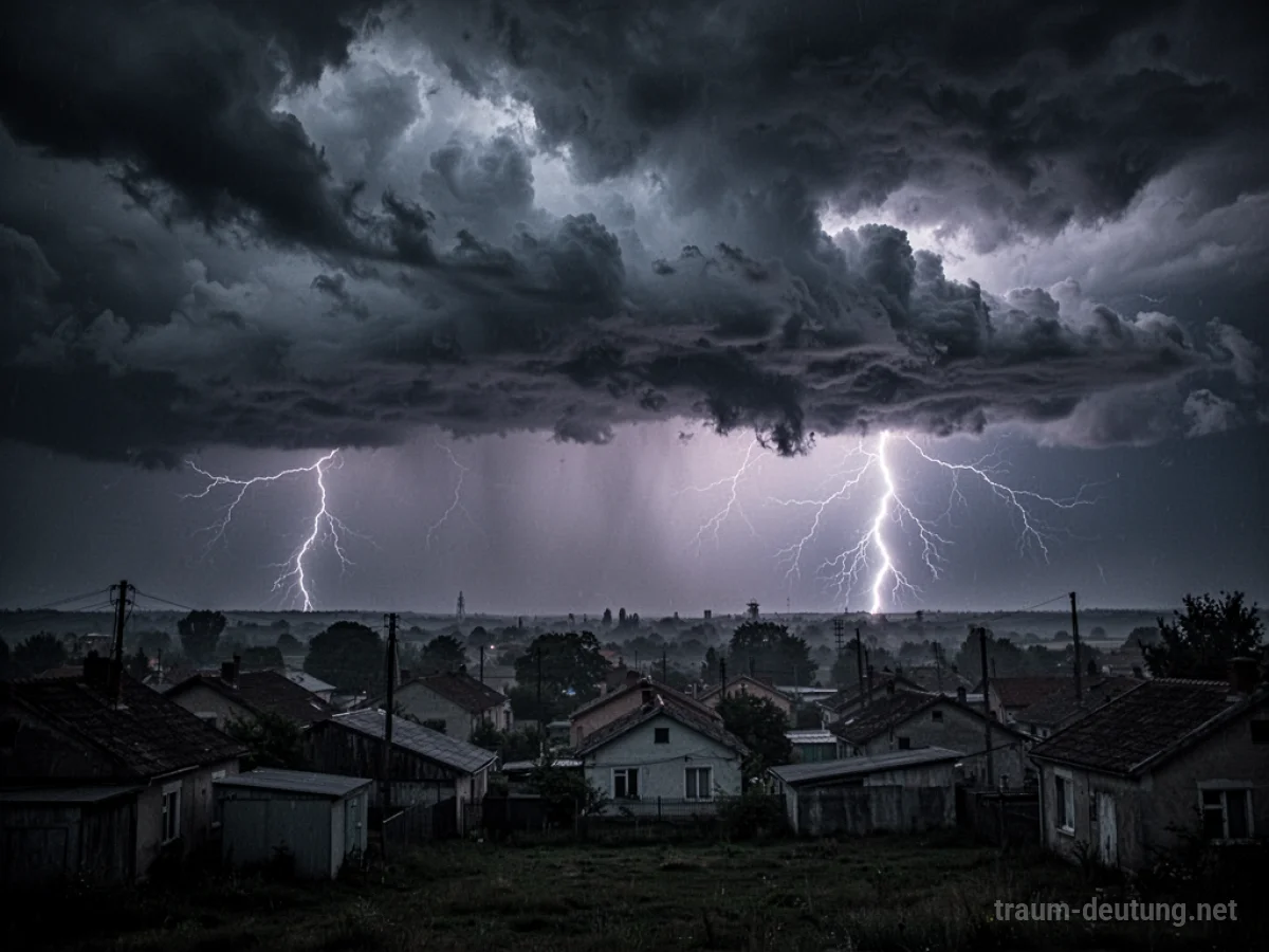 Dunkler Himmel mit Gewitter über einer Stadt