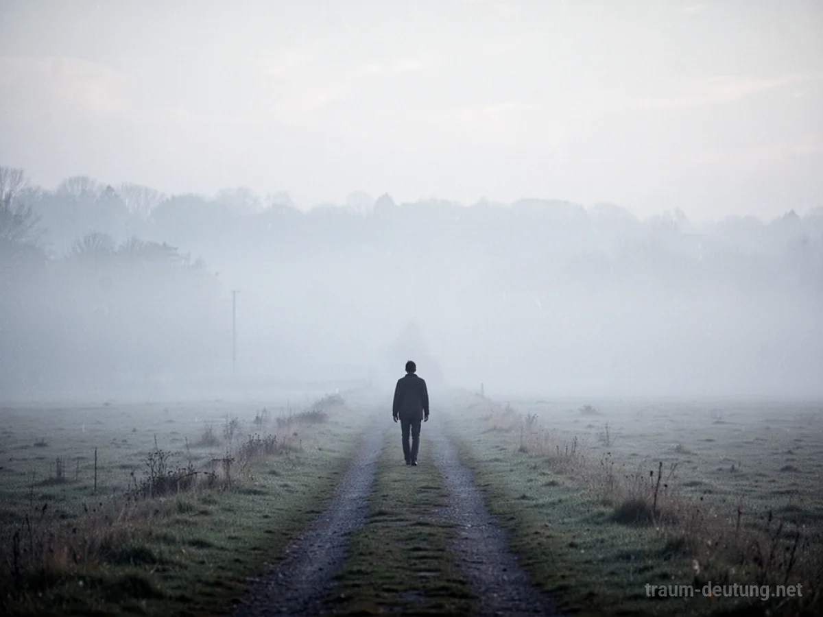 Eine einsame Person geht auf einem Weg, der im Nebel verschwindet.
