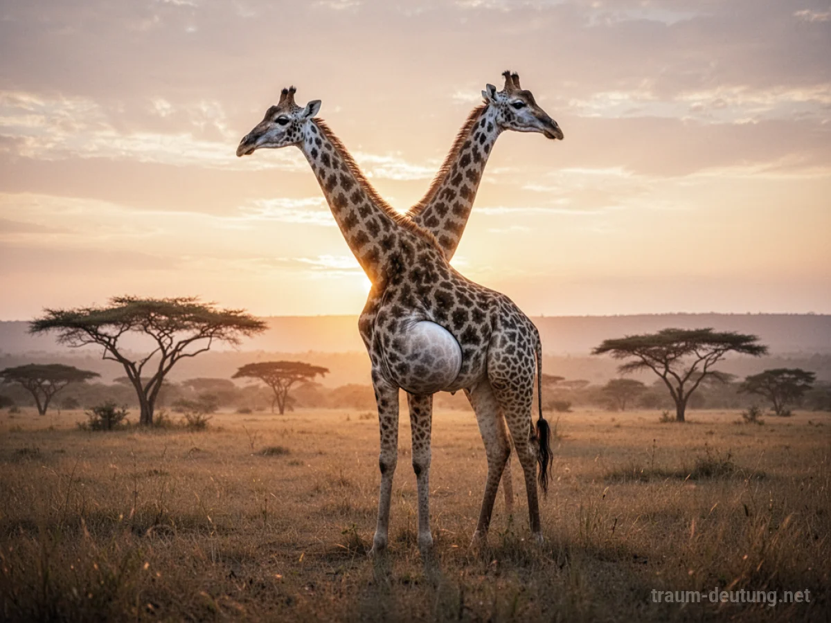 Trächtige Giraffe in einer Savannenlandschaft bei Sonnenaufgang
