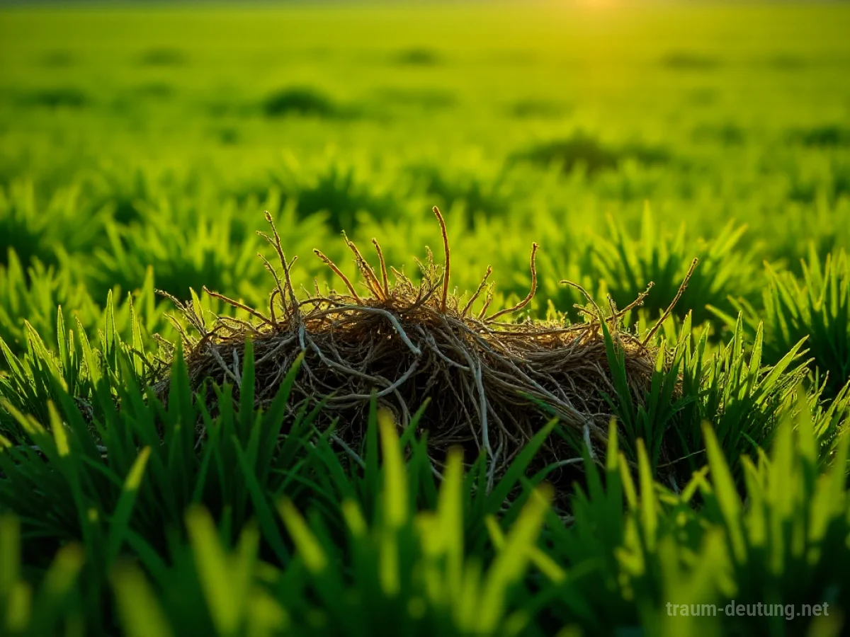 Trockenes Gras im grünen Feld, das einen langen Schatten wirft.