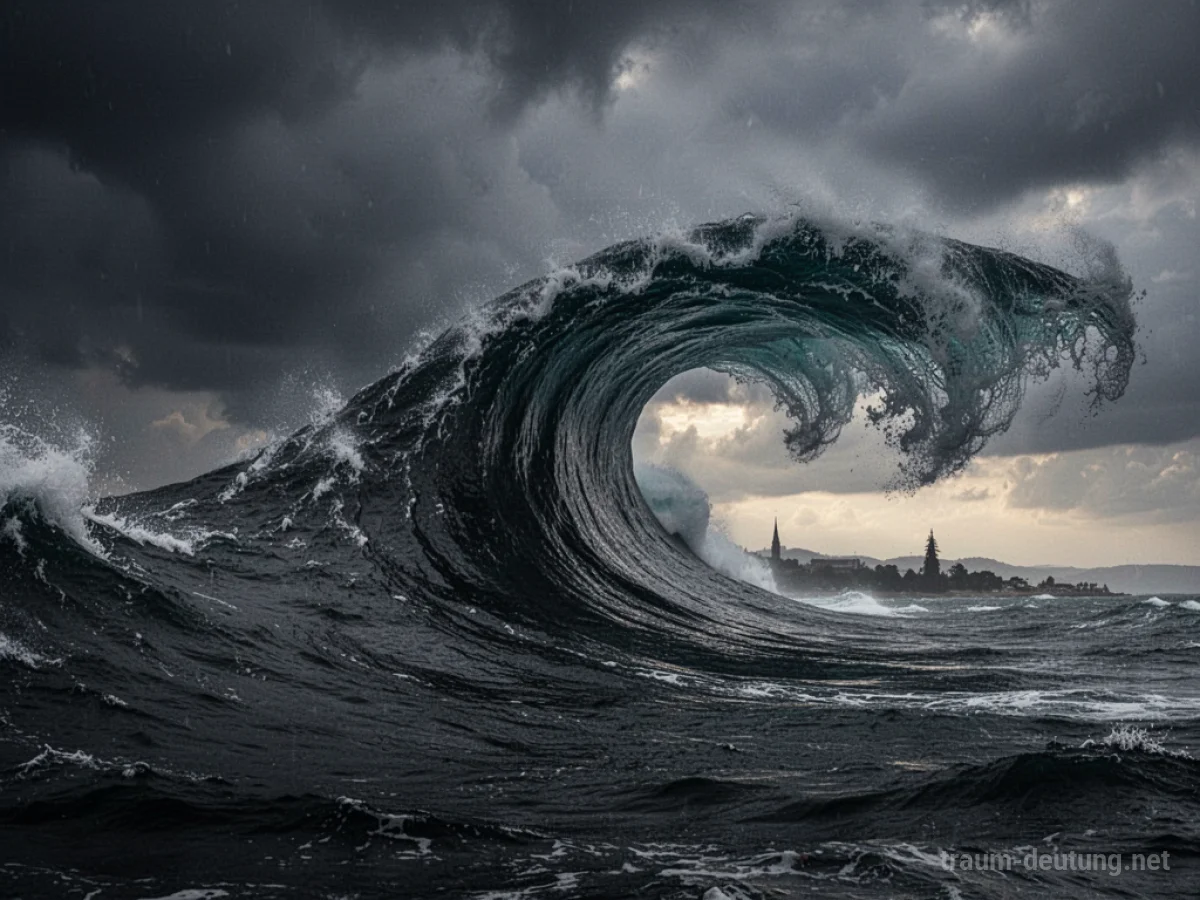 Eine riesige Tsunami-Welle nähert sich einer Küste im Morgengrauen.