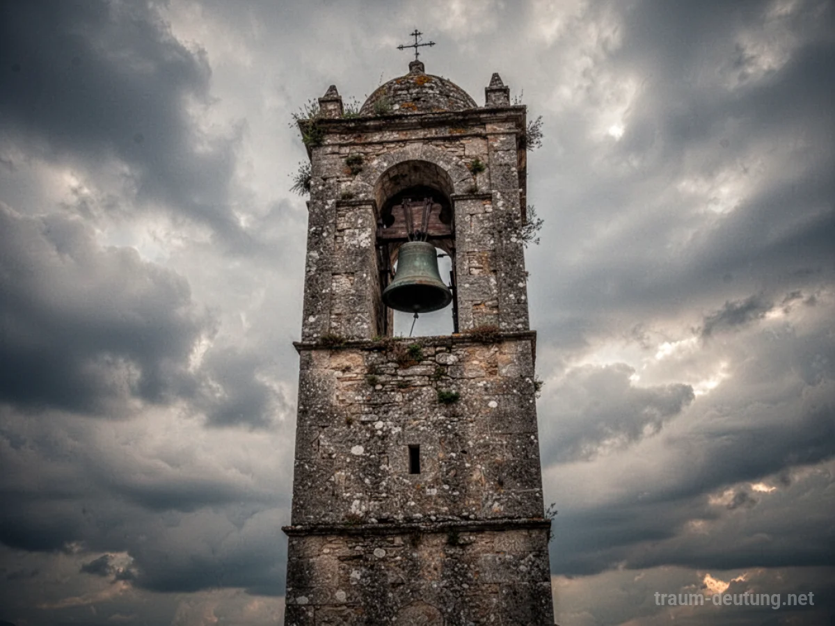 Hoher Steinturm mit einer großen Glocke, die durch eine Öffnung zu sehen ist.