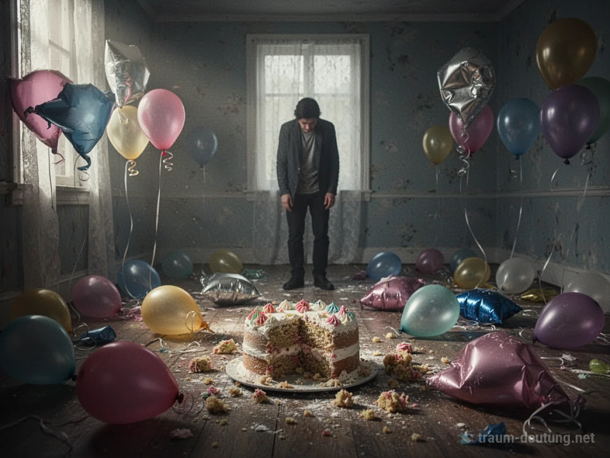 Szene einer misslungenen Überraschungsparty mit defekten Luftballons und trauriger Stimmung.