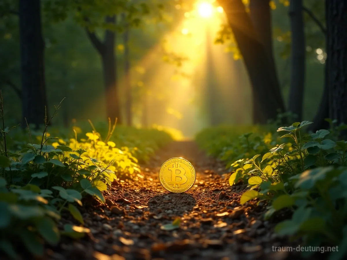 Goldene Münze fällt vom Himmel auf einen Waldweg.