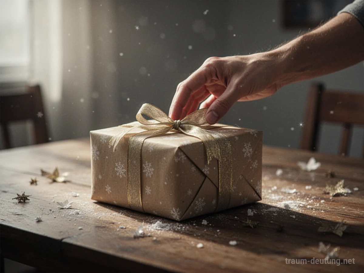 Eine Hand legt ein Geschenk auf einen Tisch.