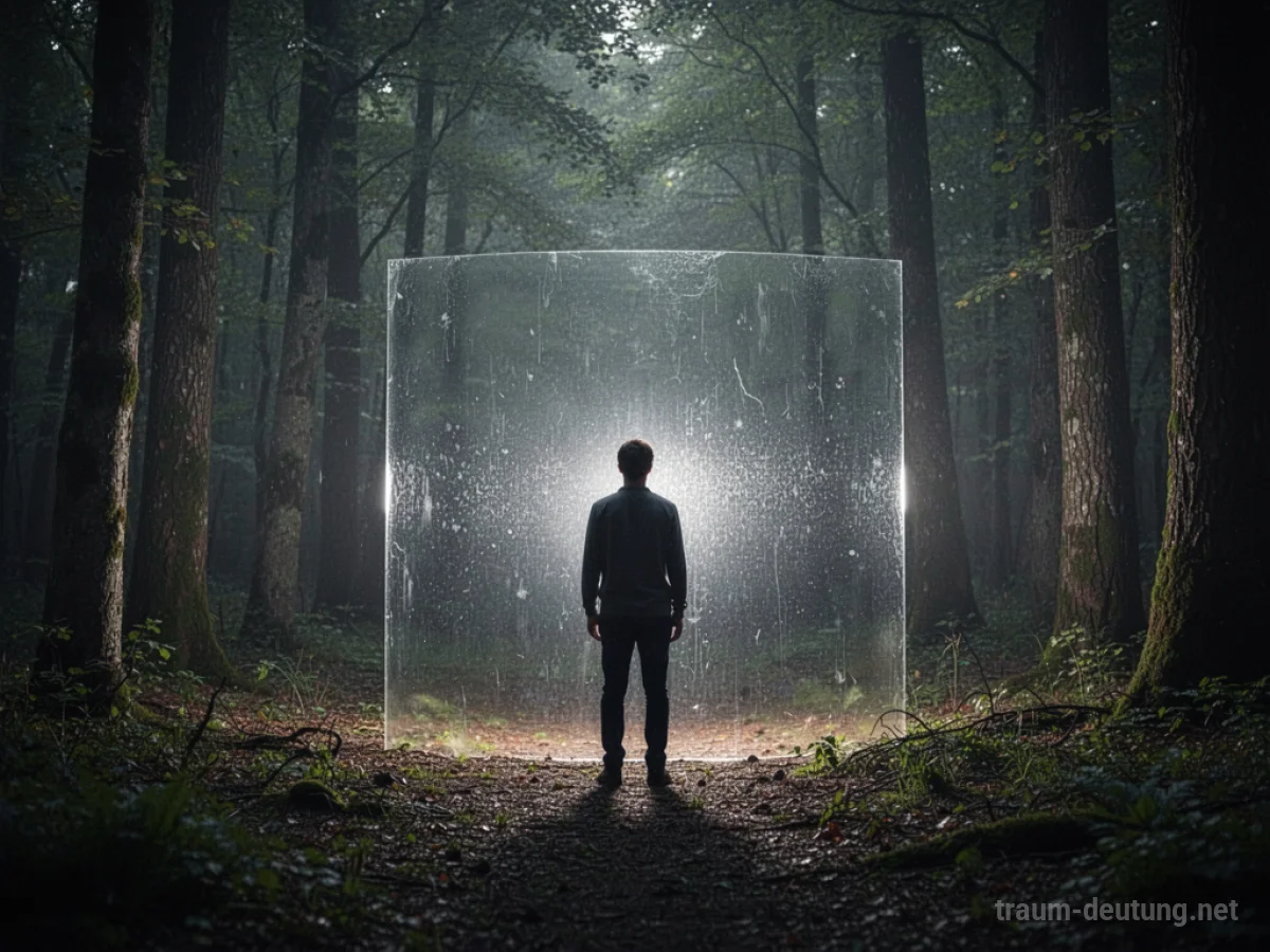 Eine schwache, schimmernde Barriere in einem Wald, vor der eine Person steht.
