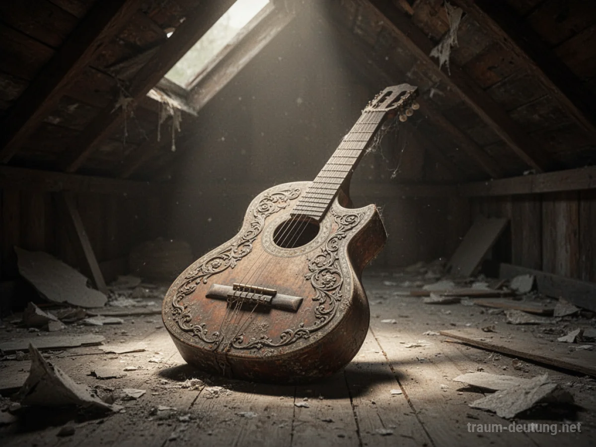Eine alte, verzierte Gitarre liegt in einem staubigen Dachboden, beleuchtet von einem Lichtstrahl.