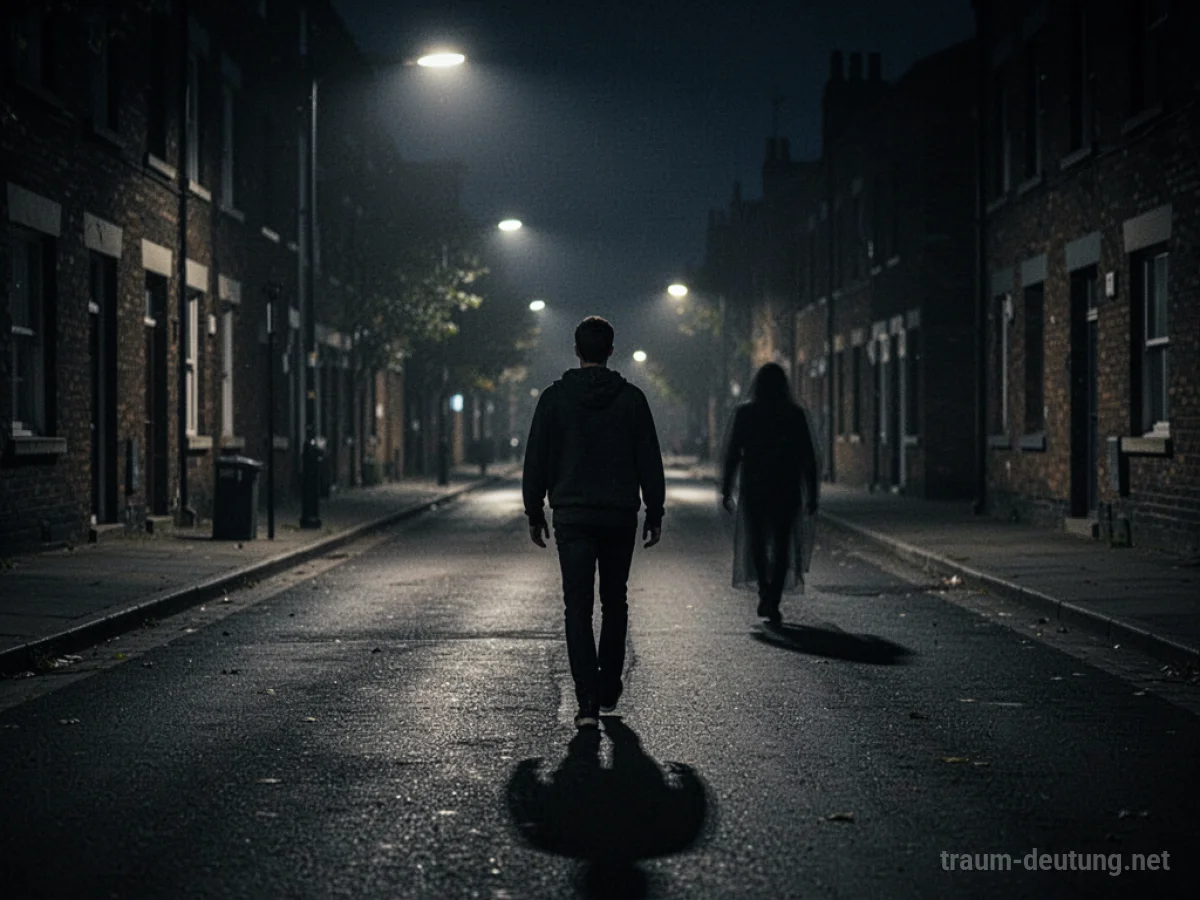 Eine Person geht auf einer dunklen Straße, während eine bedrohliche Silhouette im Hintergrund folgt.
