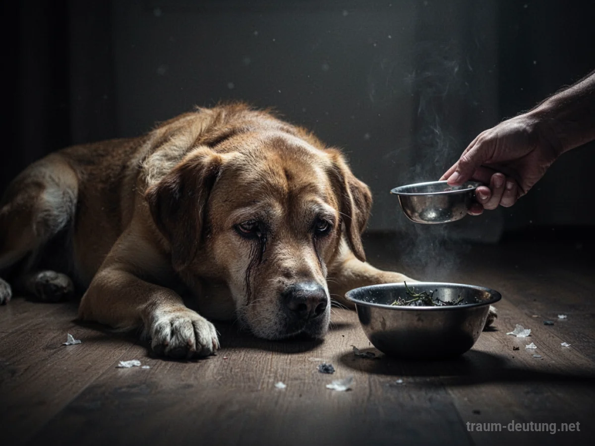 Vergifteter Hund liegt schwach da, mit einer angedeuteten Hand, die etwas anbietet.