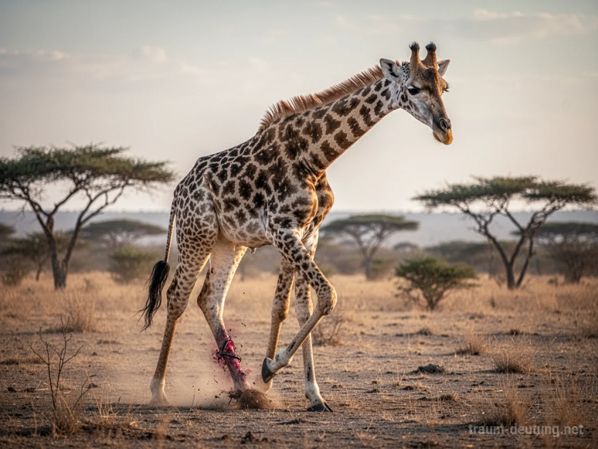 Verletzte Giraffe humpelt auf einer Savannenlandschaft