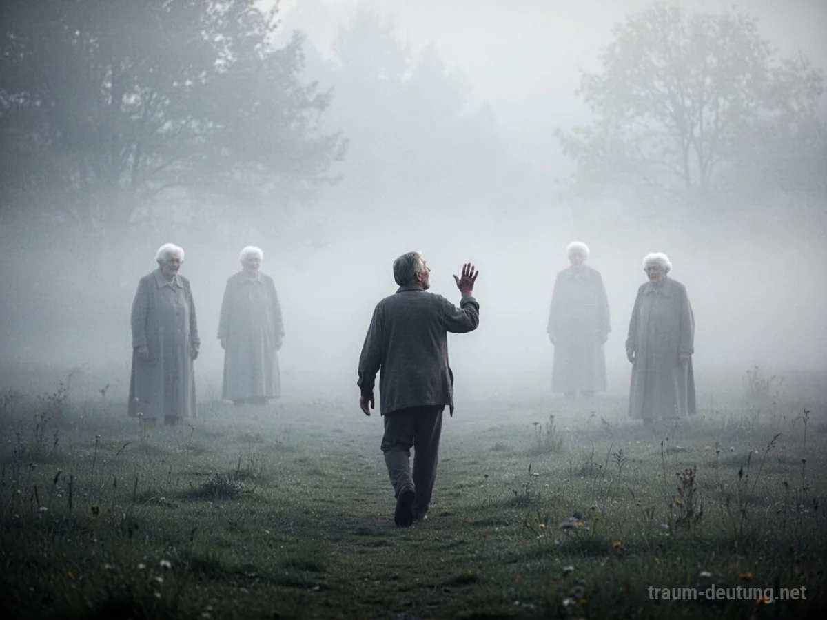 Eine Person sucht im Nebel nach schemenhaften Großelternfiguren.