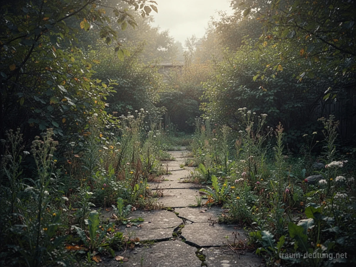 Ein verwilderter, vernachlässigter Garten mit überwucherter Vegetation und einem zerbrochenen Weg.