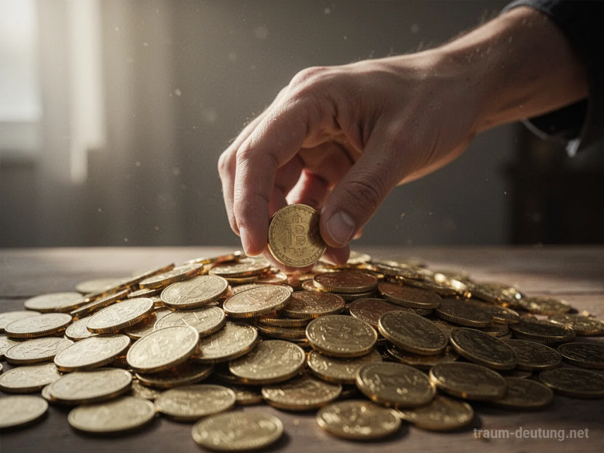 Eine Hand greift in einen Haufen Goldmünzen.