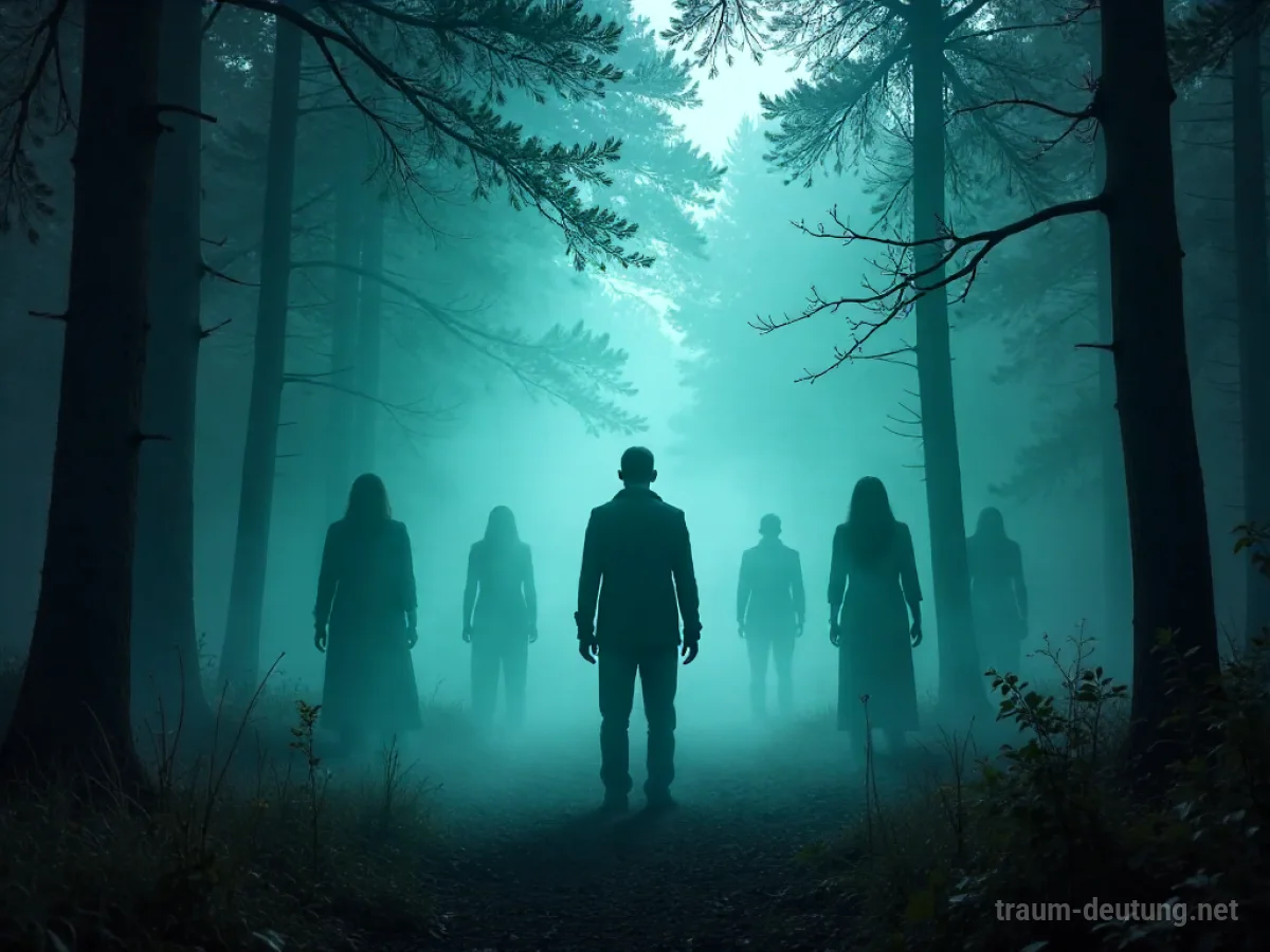 Viele Geister um eine Person im nebeligen Wald
