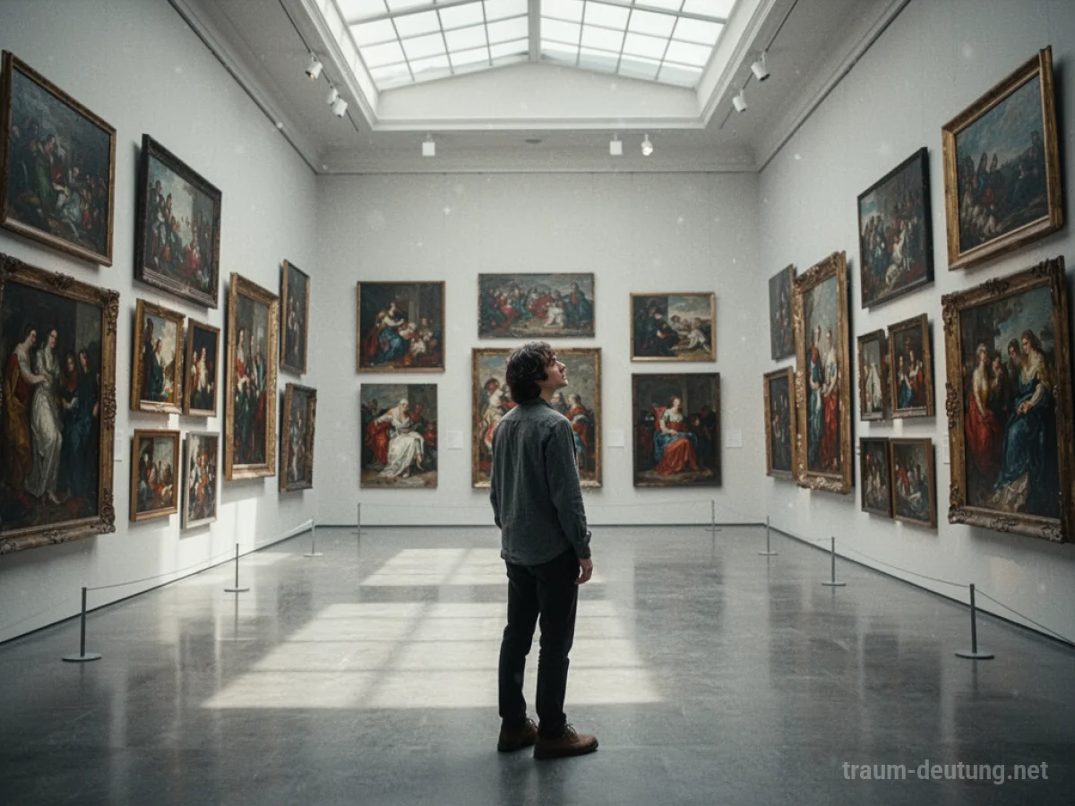 Person betrachtet viele bunte Gemälde in einer hellen Kunstgalerie.
