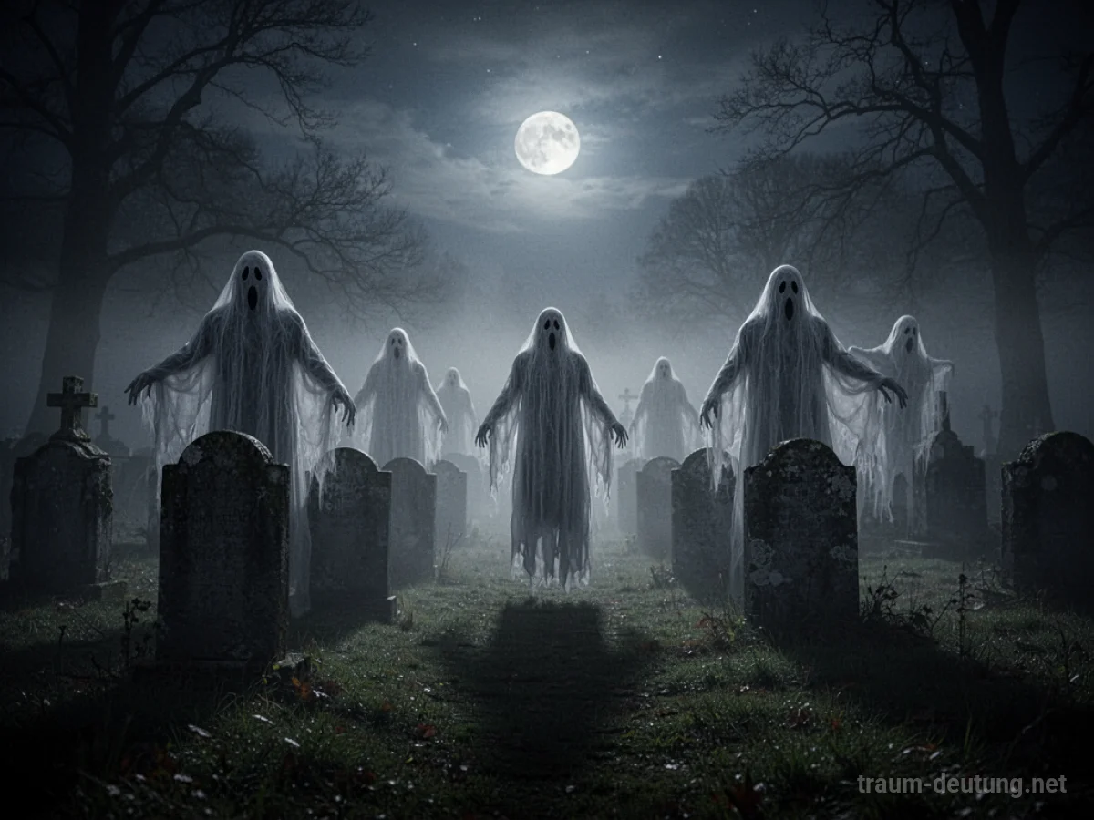 Viele neblige Gespensterfiguren schweben über einem alten Friedhof im Mondlicht.