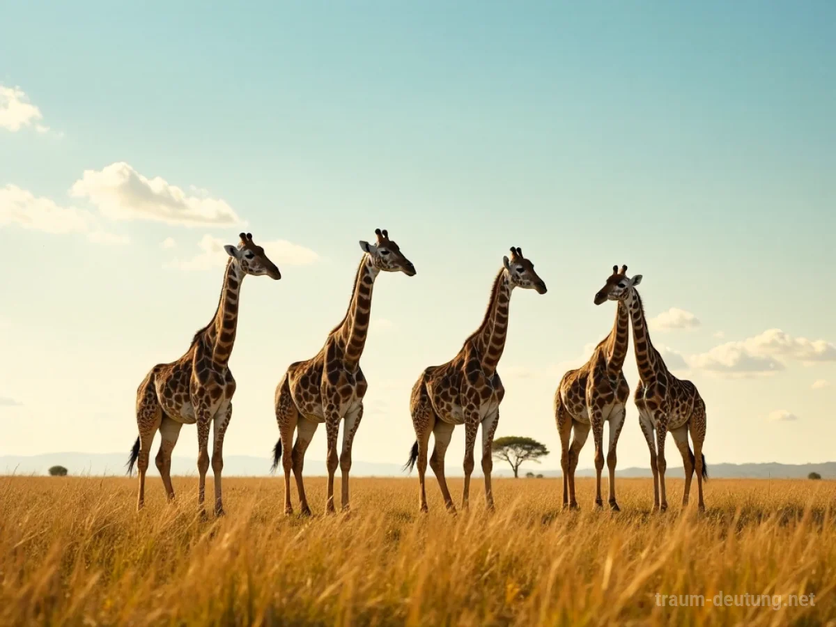 Viele Giraffen stehen auf einer Savanne unter einem weiten Himmel.