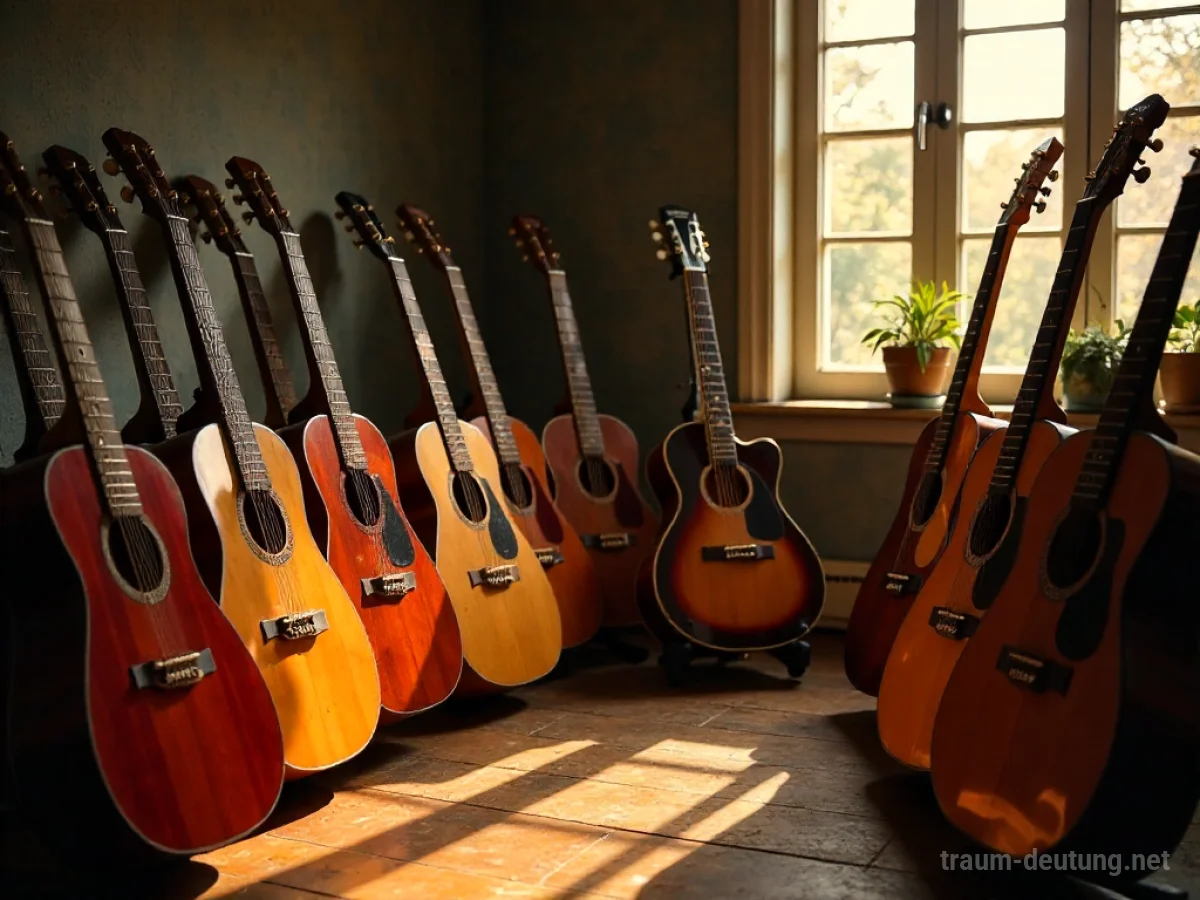 Viele verschiedene Gitarren stehen in einem Raum
