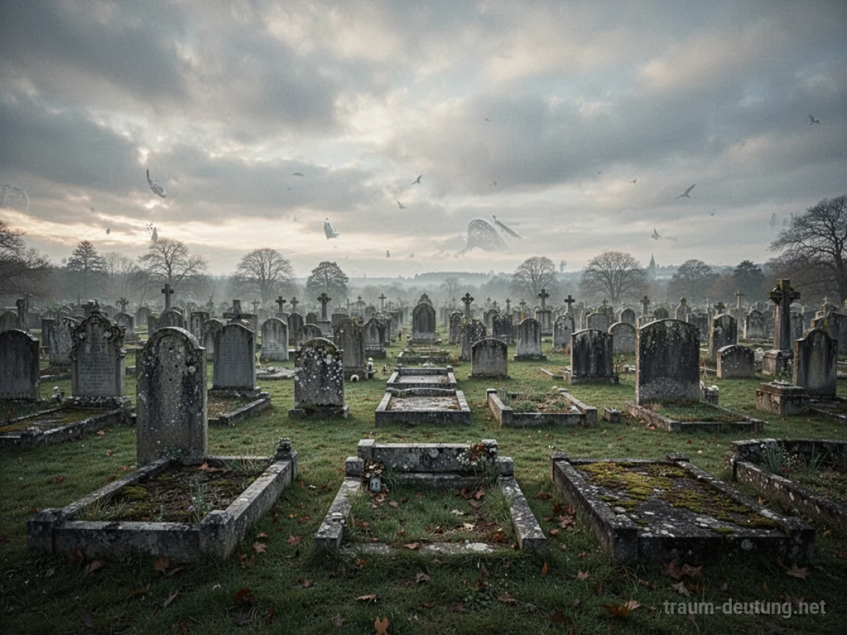 Viele Grabsteine auf einem Friedhof unter bewölktem Himmel