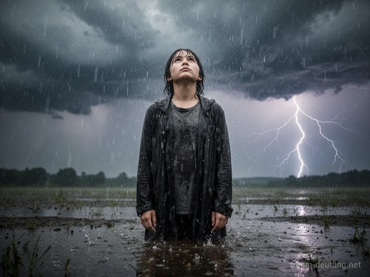 Person steht im strömenden Regen eines Gewitters.