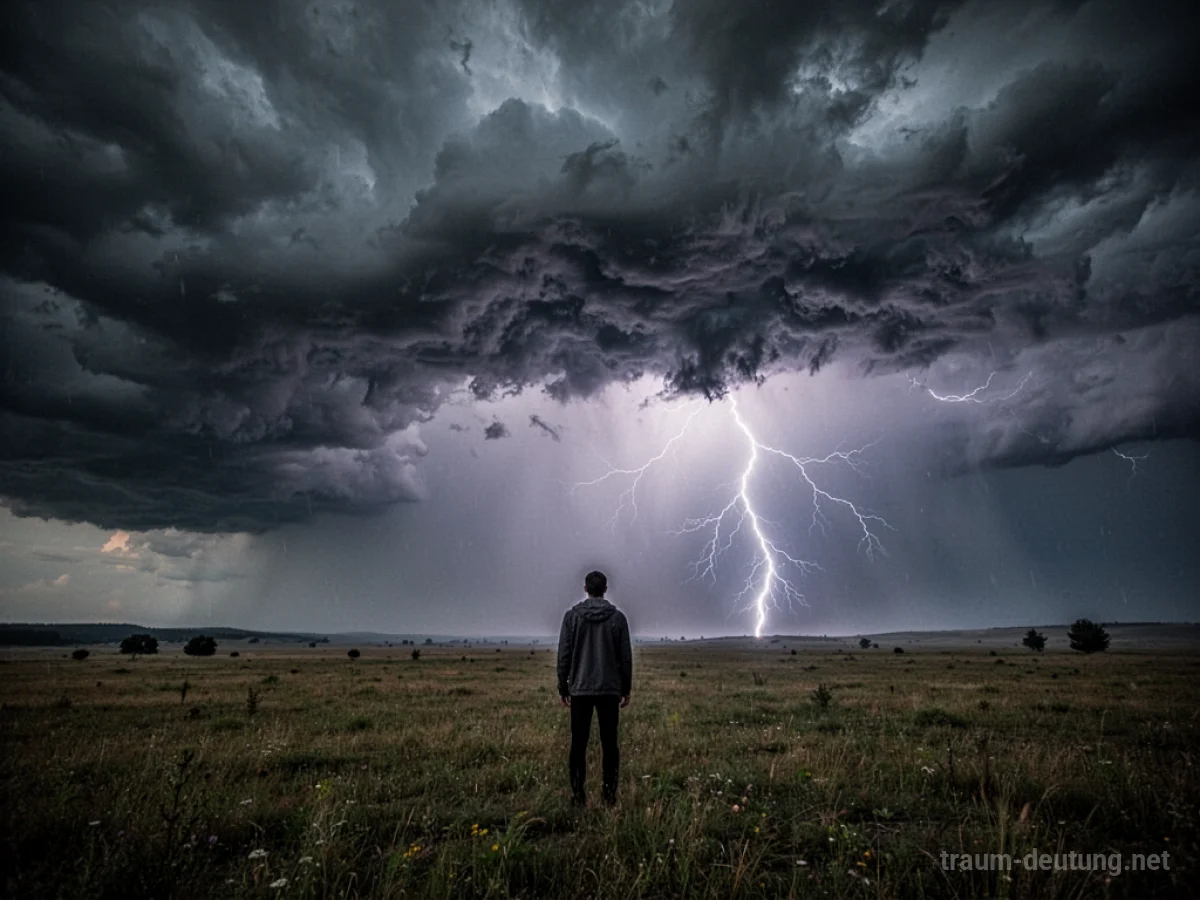 Eine Person steht allein auf einem Feld, als dunkle Gewitterwolken aufziehen.