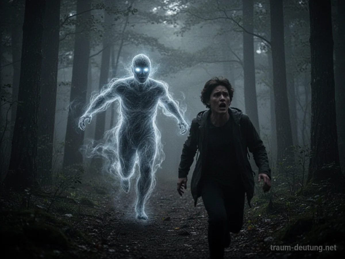 Silhouetten von Menschen werden von einem schemenhaften Geist in einem dunklen Wald verfolgt.