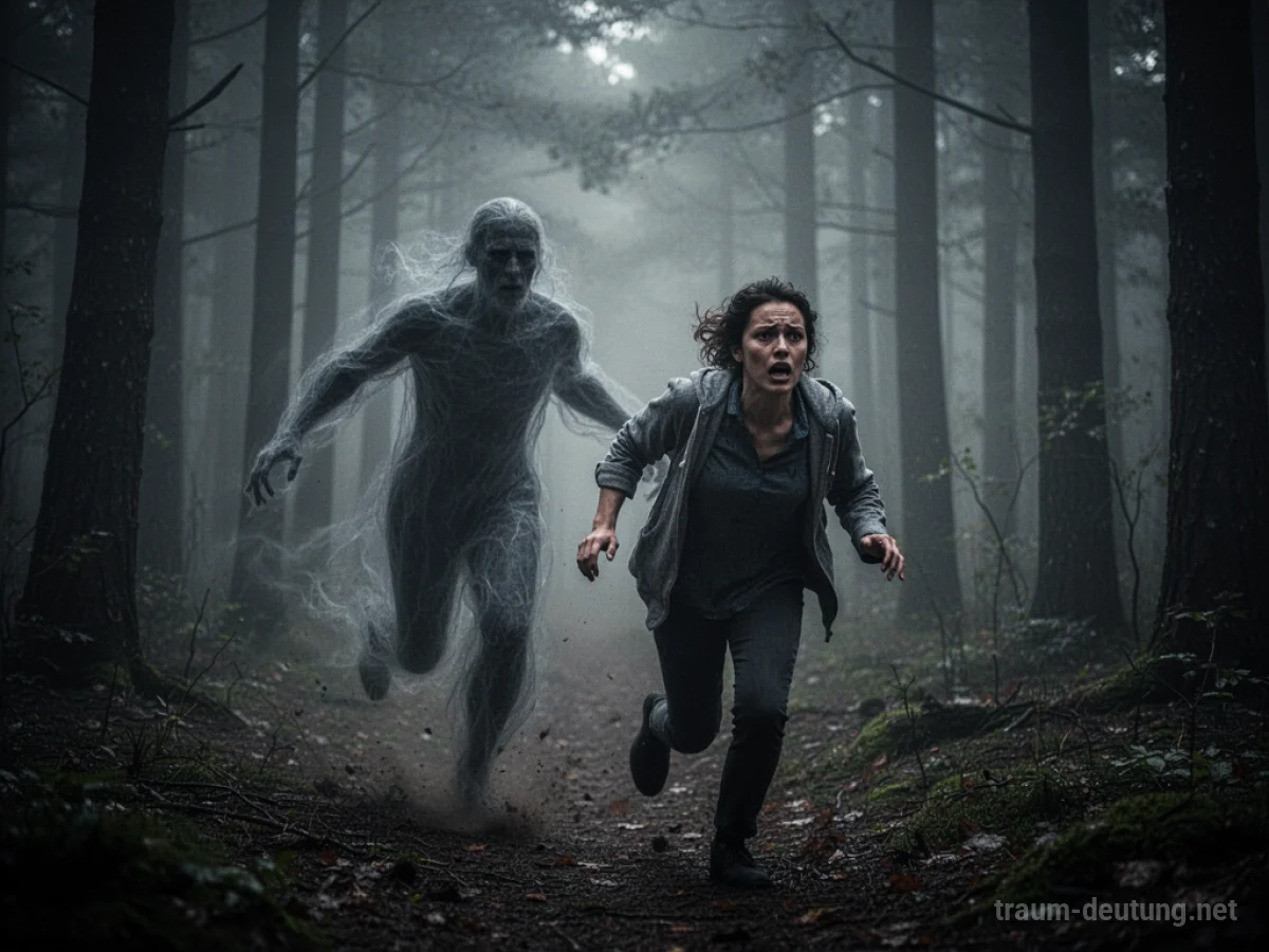 Eine schattenhafte Gestalt verfolgt eine Person durch einen dunklen Wald.