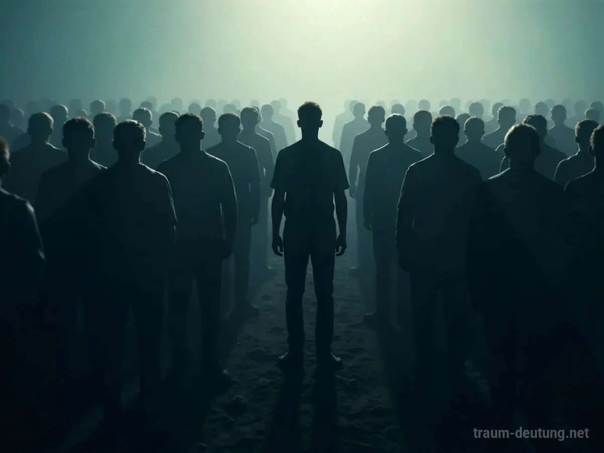 Eine einzelne Person steht inmitten einer Menge von Silhouetten, die sich annähern.