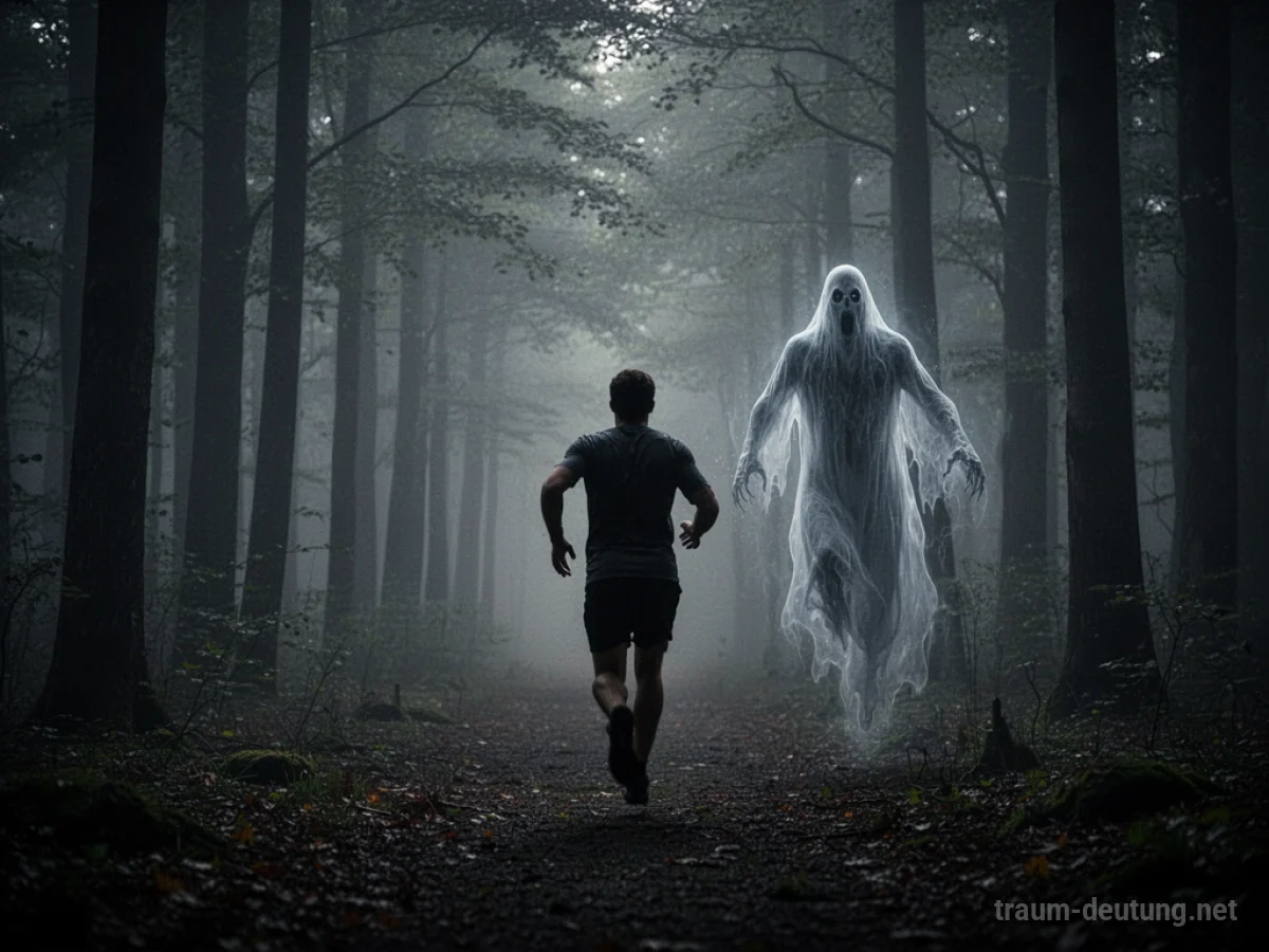 Eine Person flieht vor einem schemenhaften Geist in einem dunklen Wald.