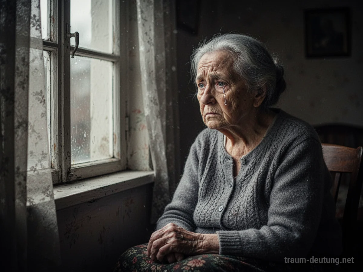 Weinende Großmutter sitzt allein in einem dunklen Raum und schaut aus dem Fenster.