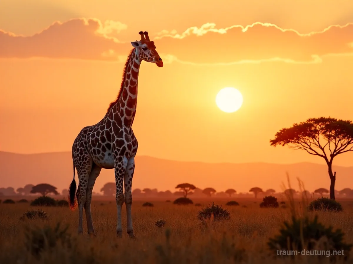 Eine majestätische weiße Giraffe steht in einer Savanne bei Sonnenaufgang.