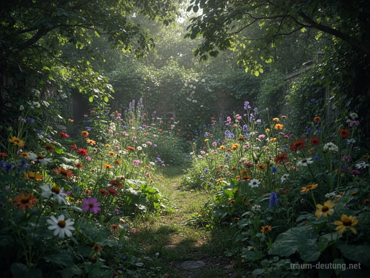 Ein verwilderter Garten mit üppiger Vegetation und wilden Blumen.