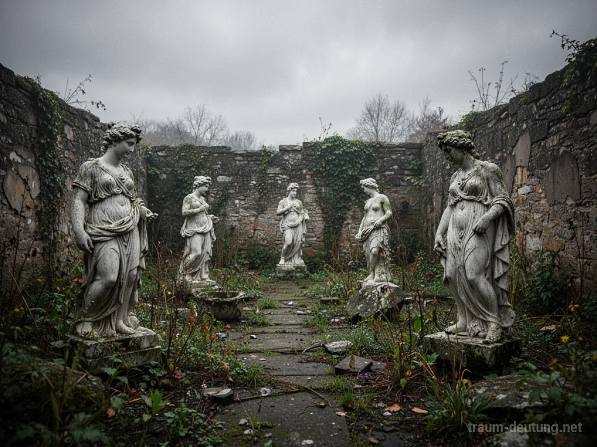 Ein verwilderter und zerstörter Garten mit zerbrochenen Statuen und überwucherten Wegen.