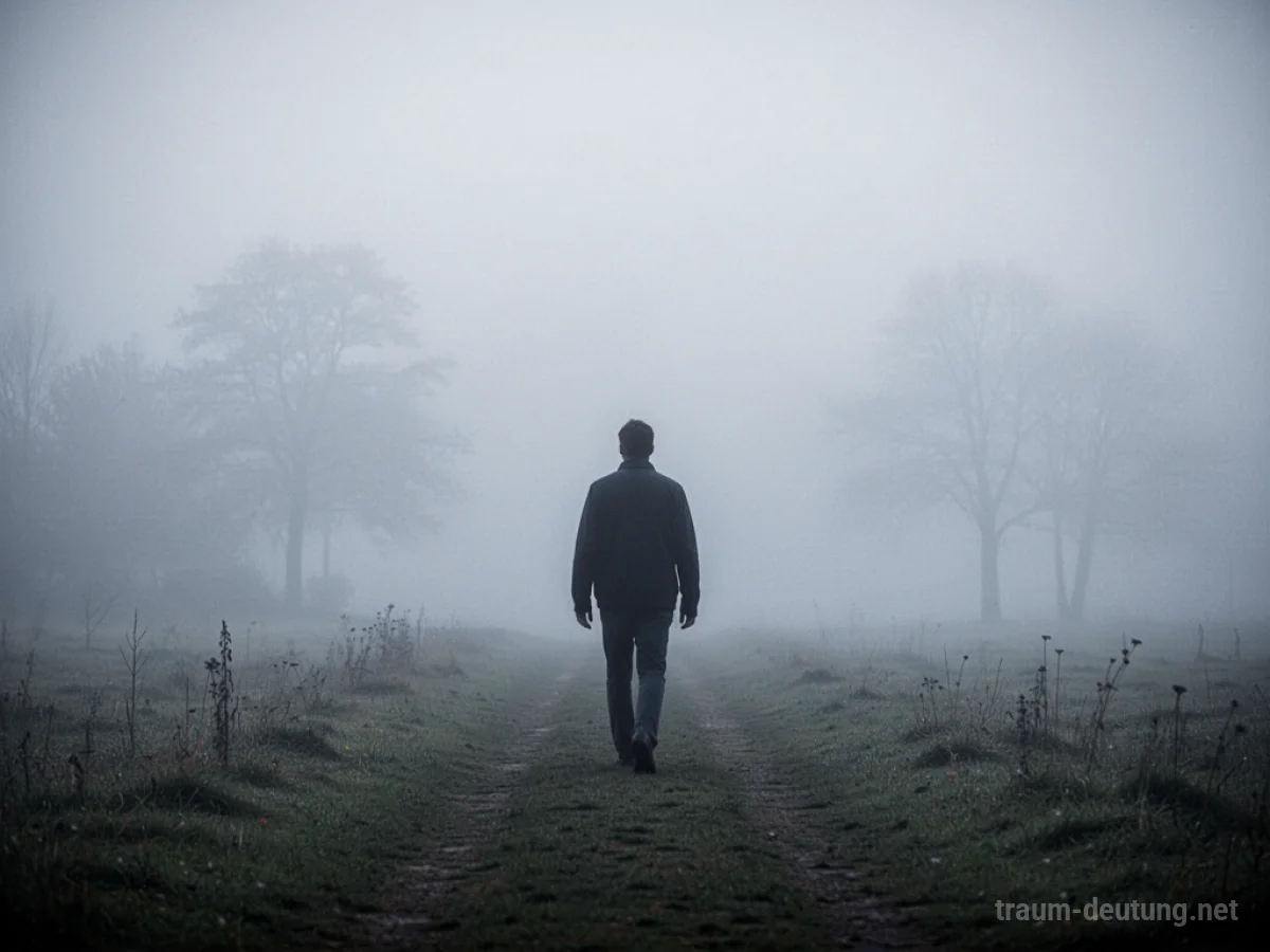 Silhouette einer Person, die ziellos durch nebelige Landschaft geht.