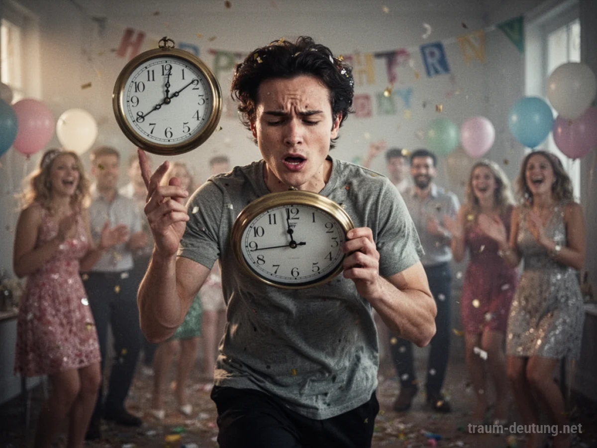 Person rennt zu spät zu einer Feier, blickt auf eine Uhr.