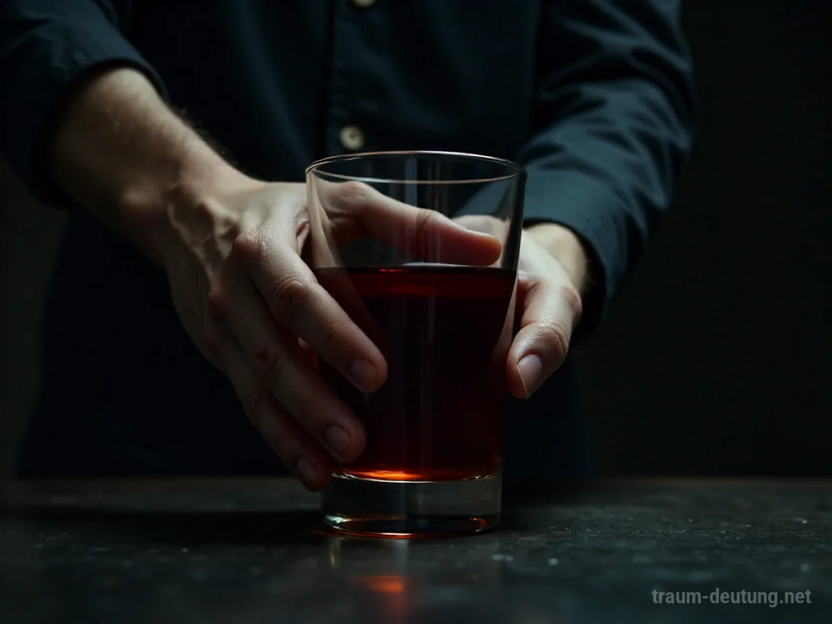 Eine Hand wird gezwungen, ein Glas mit dunkler Flüssigkeit zu halten, während eine andere Hand von hinten drückt.