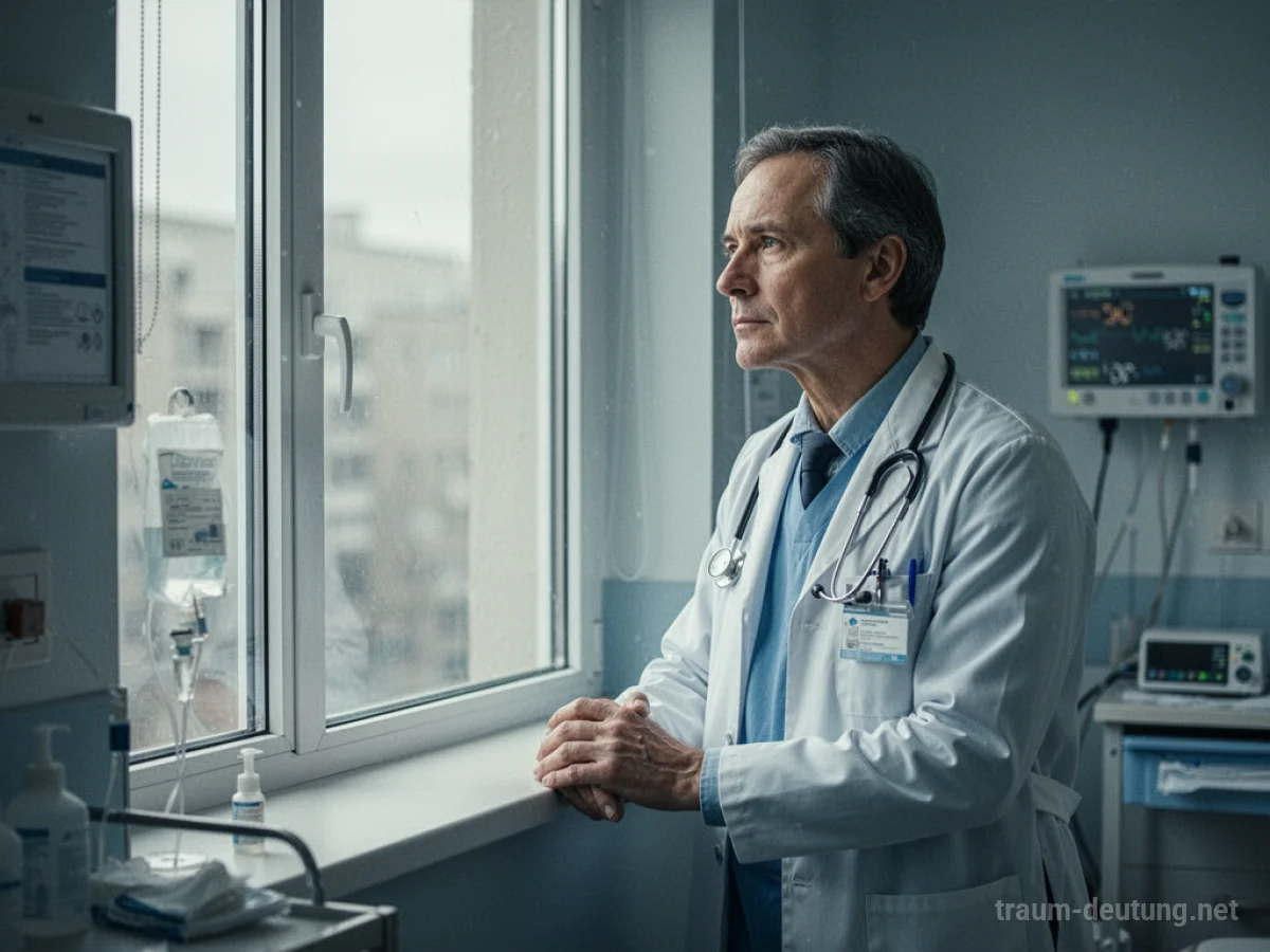 Arzt steht im Krankenhaus und blickt nachdenklich aus dem Fenster.