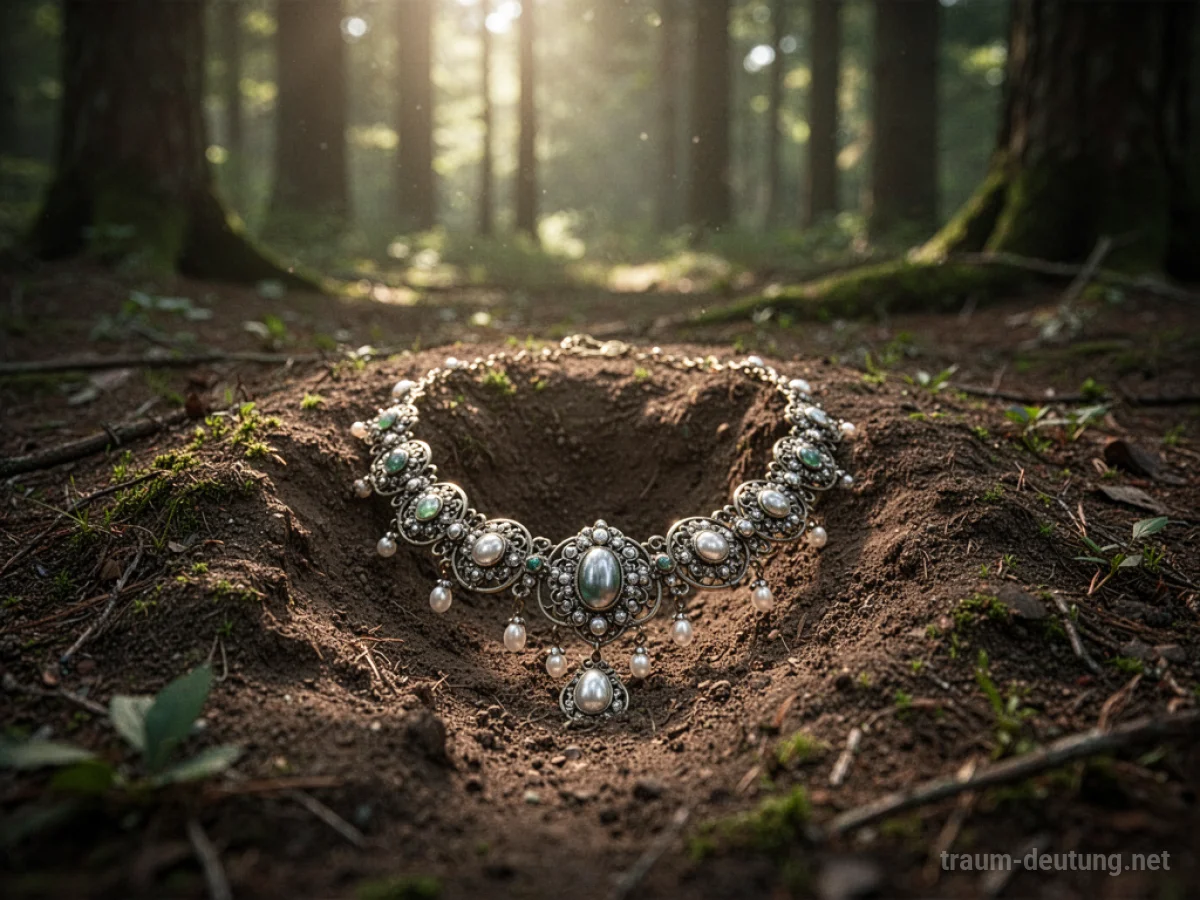 Alte Halskette wird im Waldboden gefunden, von Sonnenlicht beleuchtet.