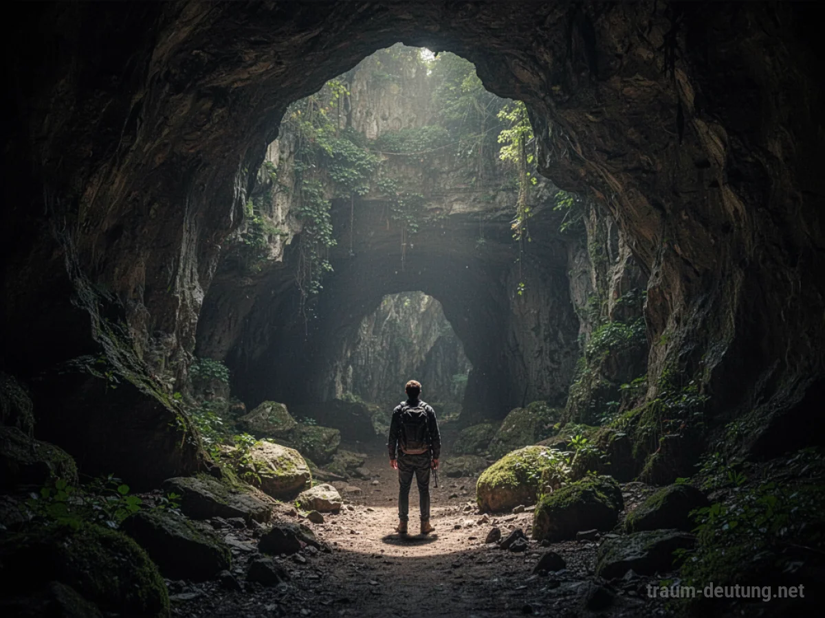 Person steht vor einer alten, dunklen Höhle und blickt hinein, bereit zur Erkundung.