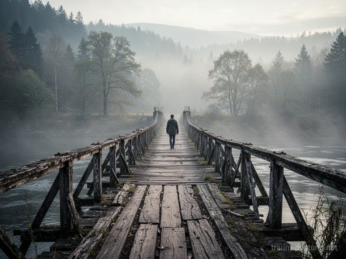 Eine alte Holzbrücke führt über einen Fluss, eine Person geht darüber.